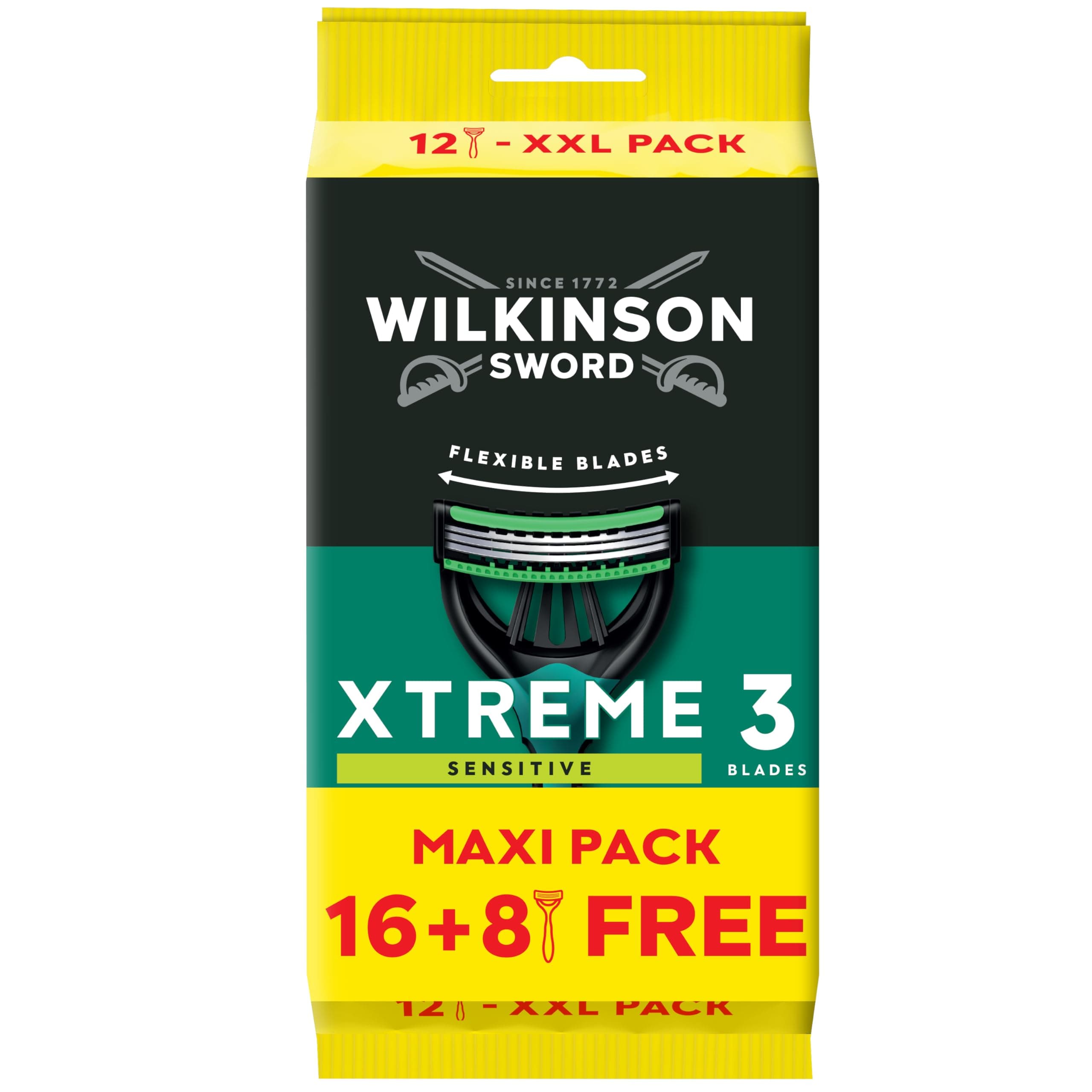 Xtreme 3 For Men | Sensitive | Disposable Razors | Flexible Blades | Pack of 16 Razors + 8 FREE