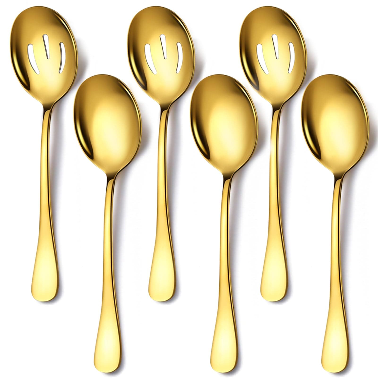 6 Pieces Stainless Steel Serving Spoons Set Includes 3 Spoon, 3 Slotted, for Parties/Buffet/Catering, Dishwasher Safe, 8.5-Inch, Gold
