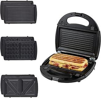 OVENTE 3 in 1 Electric Sandwich Maker, Panini Press Grill and Waffle Iron Set with Removable Non-Stick Plates, Perfect for Cooking Grilled Cheese, Tuna Melts, Burgers, Steaks and Snacks, Black GPI302B