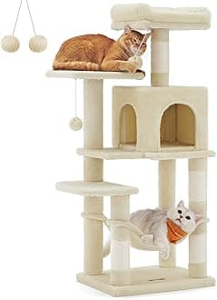 FeandreaCat Tree, 44.1-Inch Cat Tower for Indoor Cats, Multi-Level Cat Condo with 4 Scratching Posts, 2 Perches, Hammock, Cave, Beige UPCT261M01