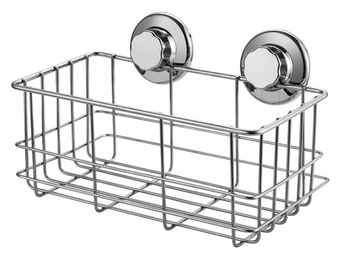 Suction Cup Shower Caddy Bath Wall Shelf, Deep Bathroom Basket Large Shower Caddy Bath Organizer Kitchen Storage Basket for Gel Holder Bathroom Storage Shampoo, Conditioner -Stainless steel