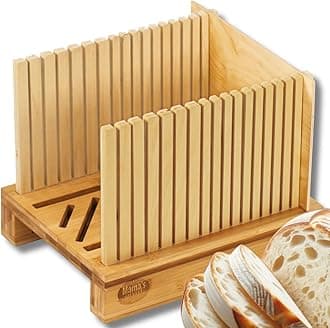 Bamboo Bread Slicer for Homemade Bread - Adjustable Slice Width Bread Slicing Guides with Sturdy Wooden Cutting Board - Compact & Foldable - Makes Cutting Bagels or Even Bread Slices Easy