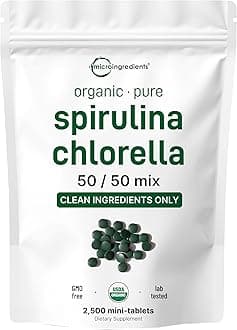 Micro Ingredients Organic Spirulina Chlorella Mini Tablets, 2,500 Tablets (8 Month Supply) | 50/50 Blend Superfood | Cracked Cell Wall for Better Absorption | Rich in Vegan Protein & Chlorophyll