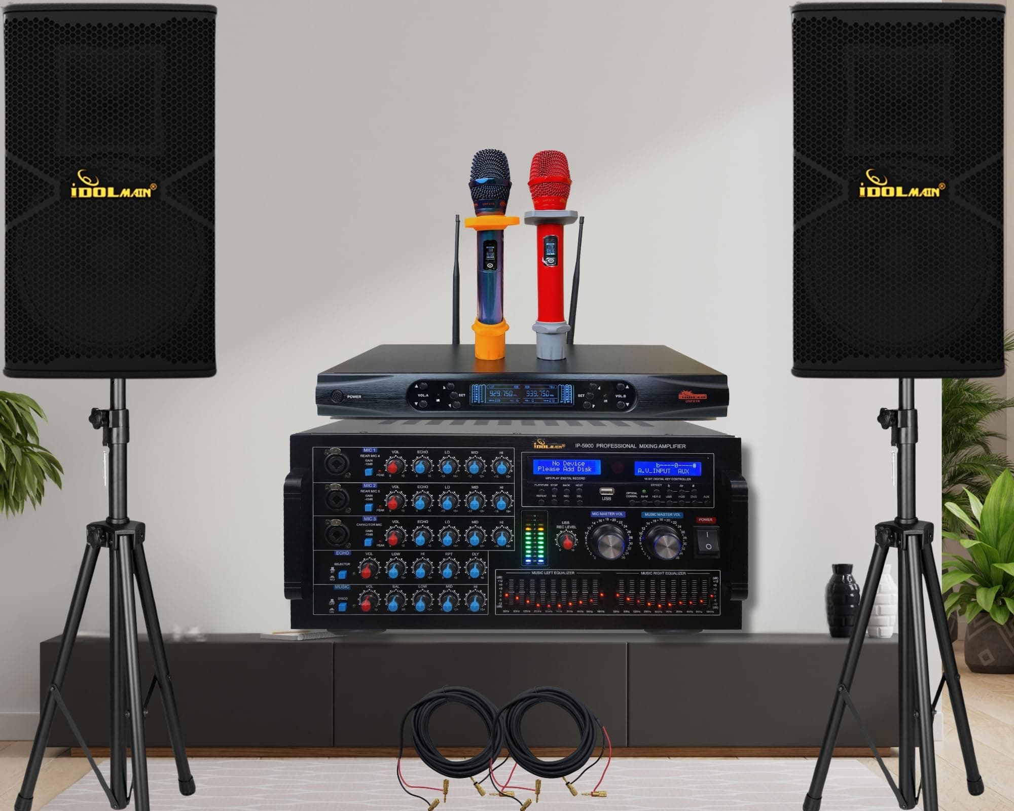 IDOLmain 6000W Professional Karaoke Digital Mixing Amplifier with Optical |Bluetooth|Recording Plus Dual Loudspeakers, and Wireless Microphones Karaoke System