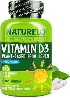 NATURELO Vitamin D - 2500 IU - Plant Based - from Lichen - Best Natural D3 Supplement for Immune System, Bone Support, Joint Health - Whole Food - Vegan - Non-GMO - Gluten Free - 180 Capsules