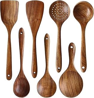 Messon Wooden Spoons for Cooking, 7Pcs Handmade Natural Teak Cooking Spoons Wooden Spatula for Non Stick Cookware (7 sets)