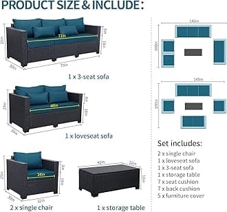 Rattaner Patio Furniture Set 5 Pieces Outdoor Furniture Sets Patio Couch Outdoor Chairs Coffee Table Peacock Blue Anti-Slip Cushions and Waterproof Covers