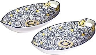 Nestasia Set of 2 Dark Blue Mandala Ceramic Long Dish with Handles for Serving Snacks, Appetizers, Salads, and Noodles | Microwave Safe, Dishwasher Safe (10.8 Inch)