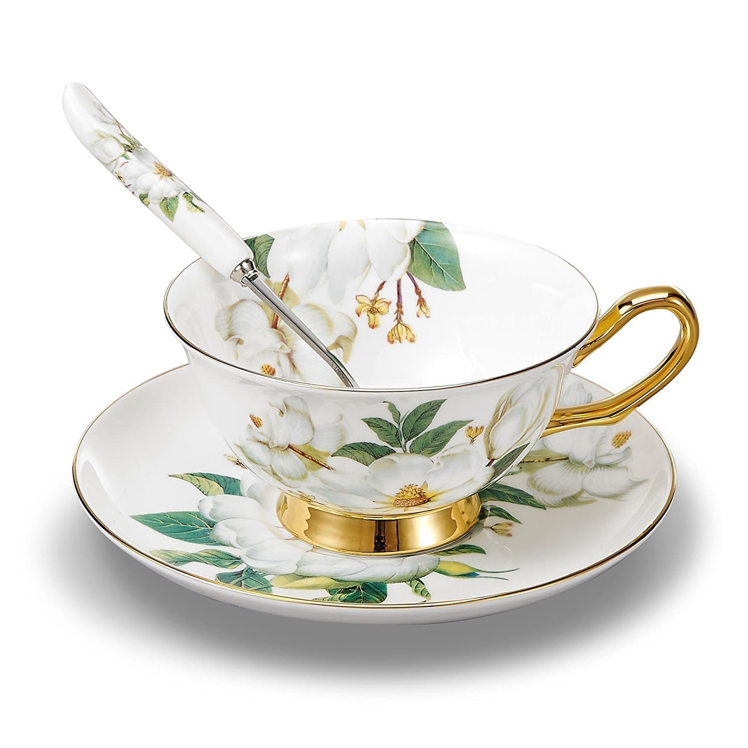 Bone China Ceramic Tea Cup with Saucer and Spoon Coffee Cup Afternoon Tea Cup Camellia,White and Green