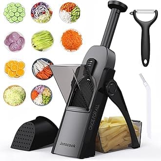 Safe Mandoline Slicer for Kitchen, Adjustable Thickness 0.1-8 mm, 5 in 1 Multi Vegetable Chopper, Potato Slicer, Food Chopper French Fry Cutte, Paring Knife/Cleaning Brush, Mandolin (BlackKnight)