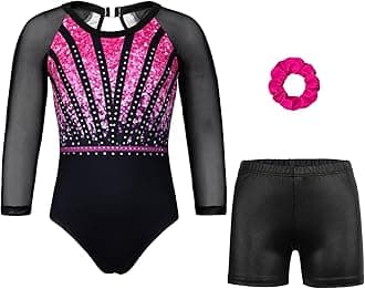 Gymnastics Leotards for Girls With Shorts Sparkly Ballet Dance Long Mesh Sleeve