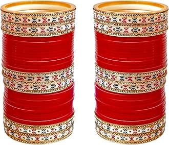 Bridal Bangle Set Dhanteras/Diwali/Bhai Dooj Collection Red Designer Chura Wedding Punjabi Choora Fashion Jewellery Chuda Set (871-M1C1-NIDHI-R), M, Plastic, No Gemstone