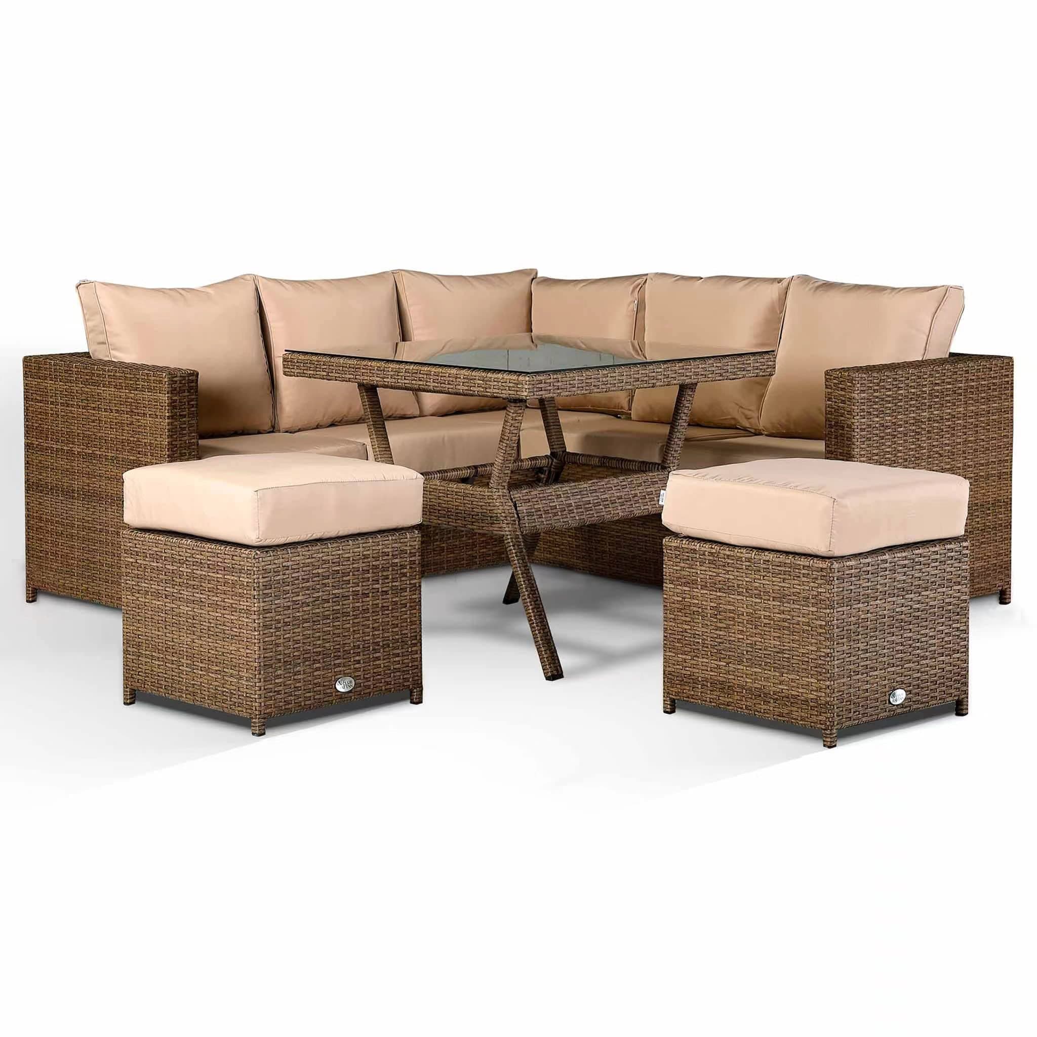 Club Rattan Garden Corner Sofa Sets with Dining Table and 2 Stools in Light Grey Rattan, 7 Seater Rattan sofa garden furniture