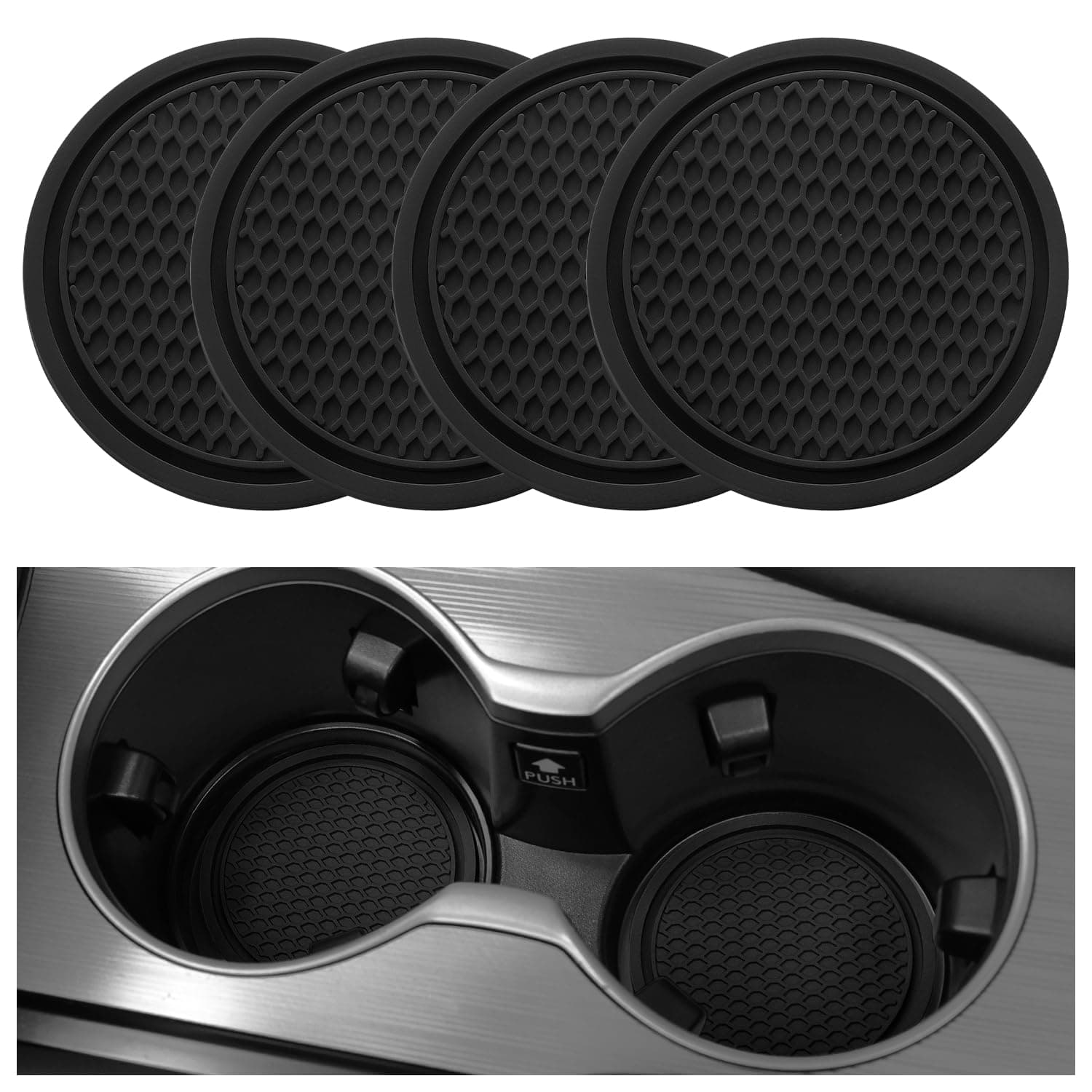 SINGARO Polyvinyl Chloride Car Cup Coaster, 4Pcs Universal Non-Slip Cup Holders Embedded In Ornaments Coaster, Car Interior Accessories, Black
