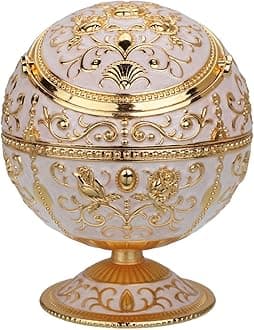 LAUYOO Windproof Ashtray with Lid for Cigarettes Metal Portable Cigar Ashtray Odor Eliminator for Indoor outdoor Hand Stamped Rose Pattern with Sparkle Fancy Gift for Men Women(Jade white-Gold Rose)