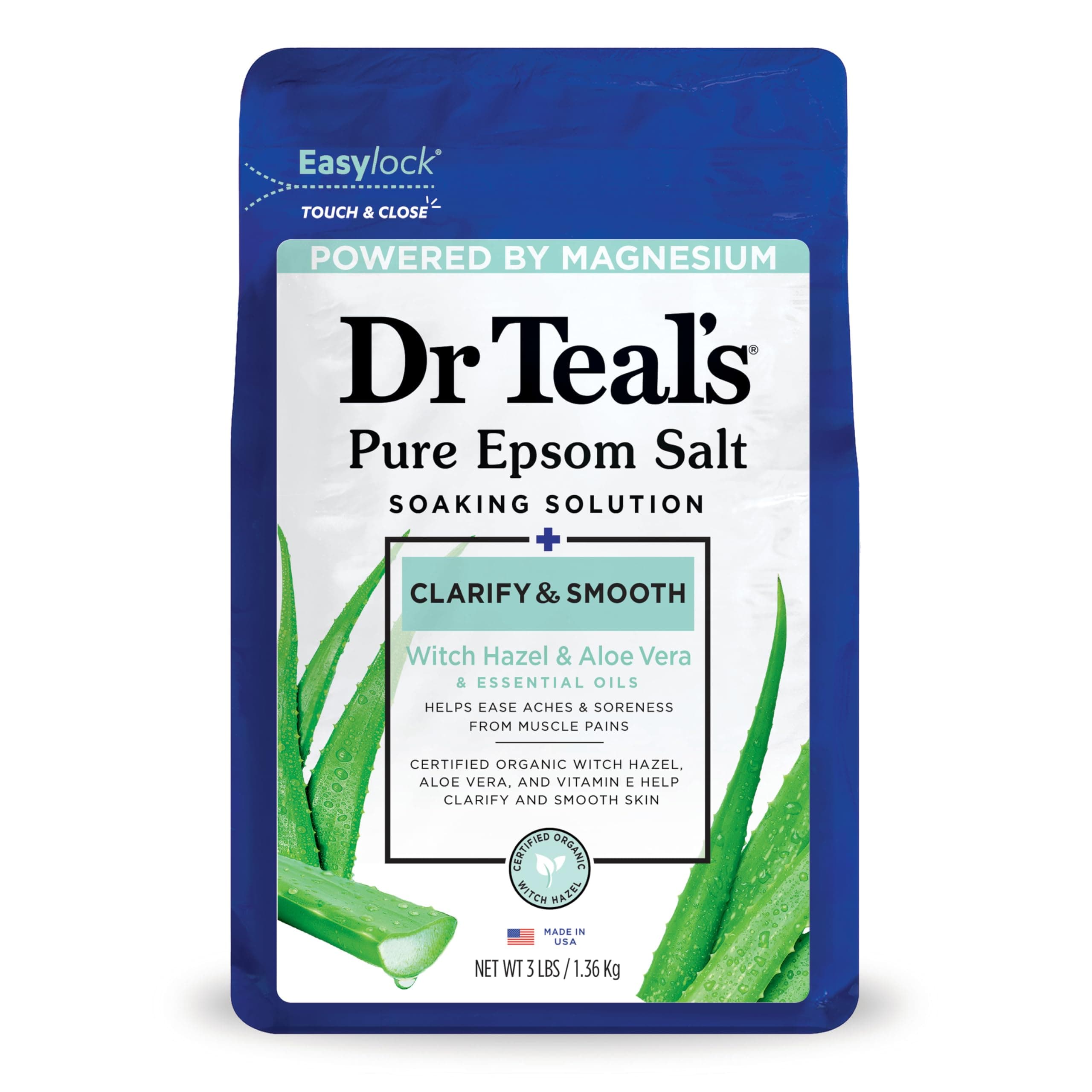 Dr Teal's Epsom Salt Magnesium Soak, Clarify & Smooth with Witch Hazel & Aloe Vera, 3 lbs