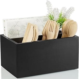 DRASTAR Silverware Caddy, Wooden Silverware Holder, Black Cutlery Caddy, Picnic Utensil Organizer, Plastic Silverware Caddy for Party, Countertop, Camping