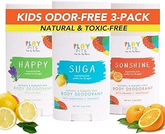 PLAY PITS - Natural Kids Whole Body Deodorant - Safe for Girls & Boys w/Sensitive Skin of All Ages - Clean - Toxic & Paraben Free – SUGA, SONSHINE, & HAPPY - Infused w/Essential Oils – Variety 3 pack