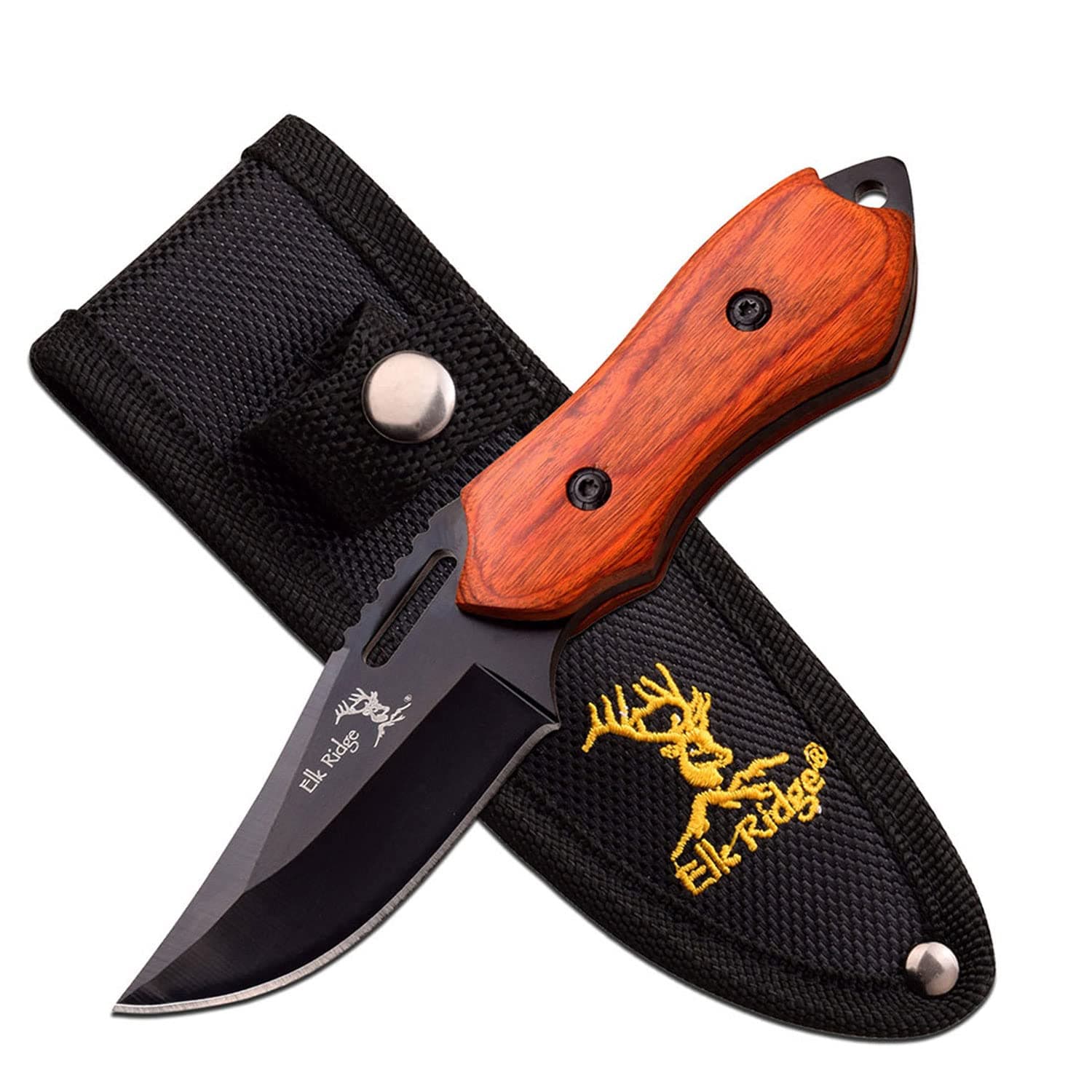 Outdoors Fixed Blade Knife - 6-in Overall, 3-in Black Stainless Steel Blade, Wood Handle, 1680D Nylon Sheath - Hunting, Camping, Survival (Wood)