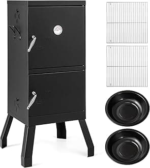 Outdoor Smoker with Double Doors, 2 Detachable Grill Netting Smoking Racks, Charcoal Pan & Water Pan, 4 Air Vents, Thermometer, Vertical Charcoal Smoker for Barbecue Camping Backyard Grill