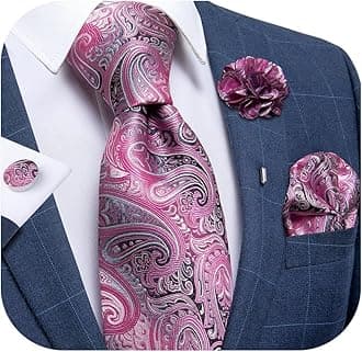 DiBanGu Silk Tie Woven Handkerchief Men's Necktie and Lapel Pin Brooch Set Paisley Plaid Solid Floral