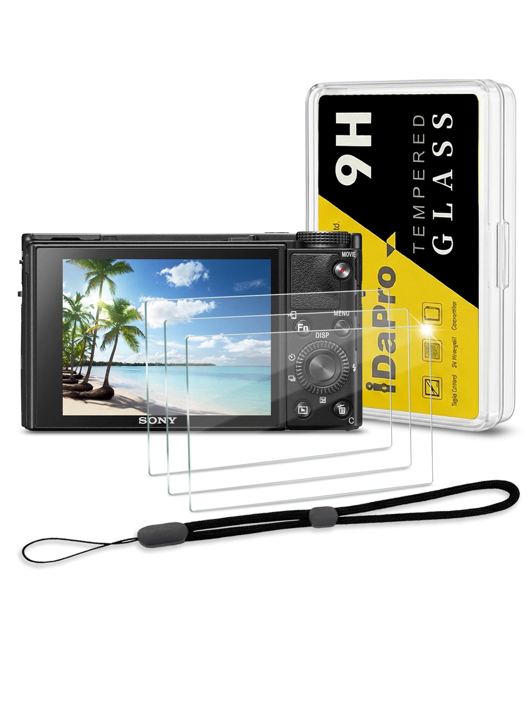 Screen Protector for Sony RX100 VII / RX100 VI / RX100 V / RX100 IV / RX100 III / RX100 II / RX100 & Hand Lanyard [3+1 Pack] Tempered Glass Easy Installation