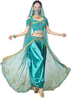 ELLYDOOR Arabian Jasmine Costume for Women Princess Dress Up Halloween Belly Dance Top Pants 4 Piece Outfit