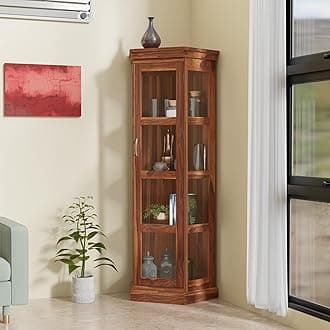 Sheesham Wood Corner Book Shelf with Acrylic Glass Door | Wooden Sideboard Crockery Cabinet with 4 Shelf Storage | Kitchen Display Unit | Bookshelf for Home Library | Honey Finish