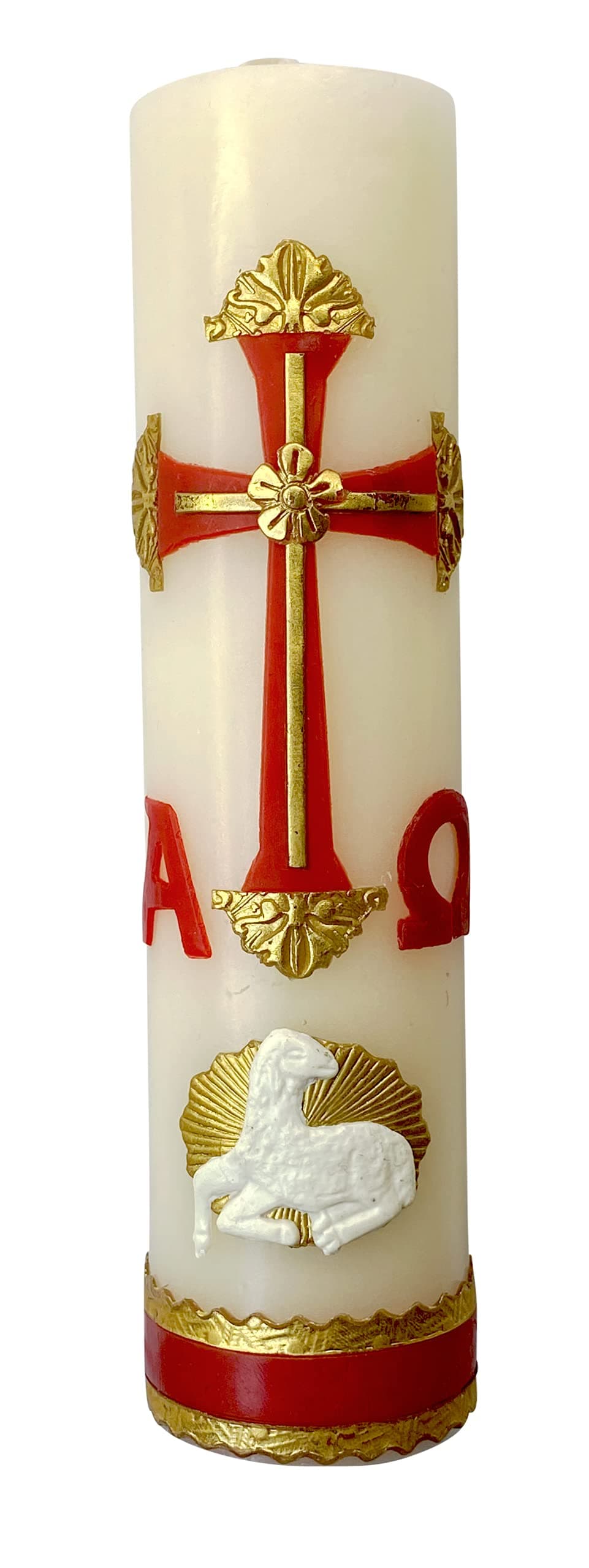 Angelitos de Mexico Alpha Omega Candle for Baptism, Confirmation, Easter Lent Cirio Para Bautizo, Confirmacion O Boda Cirio Pascual (Red)