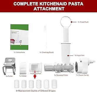 KRISVI 6 in 1 Pasta Attachment for Kitchenaid Stand Mixer, Durable Pasta Maker Attachment for Easy Homemade Fresh Noodles with 6 Different Shapes Pasta Outlet & Cleaning Brush, Dishwasher Safe