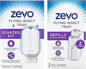 Zevo Flying Insect Trap for Indoors: Light Trap Captures Fruit Flies, Gnats and Houseflies, Starter Kit (1 Plug-in-Device + 3 Cartridges)