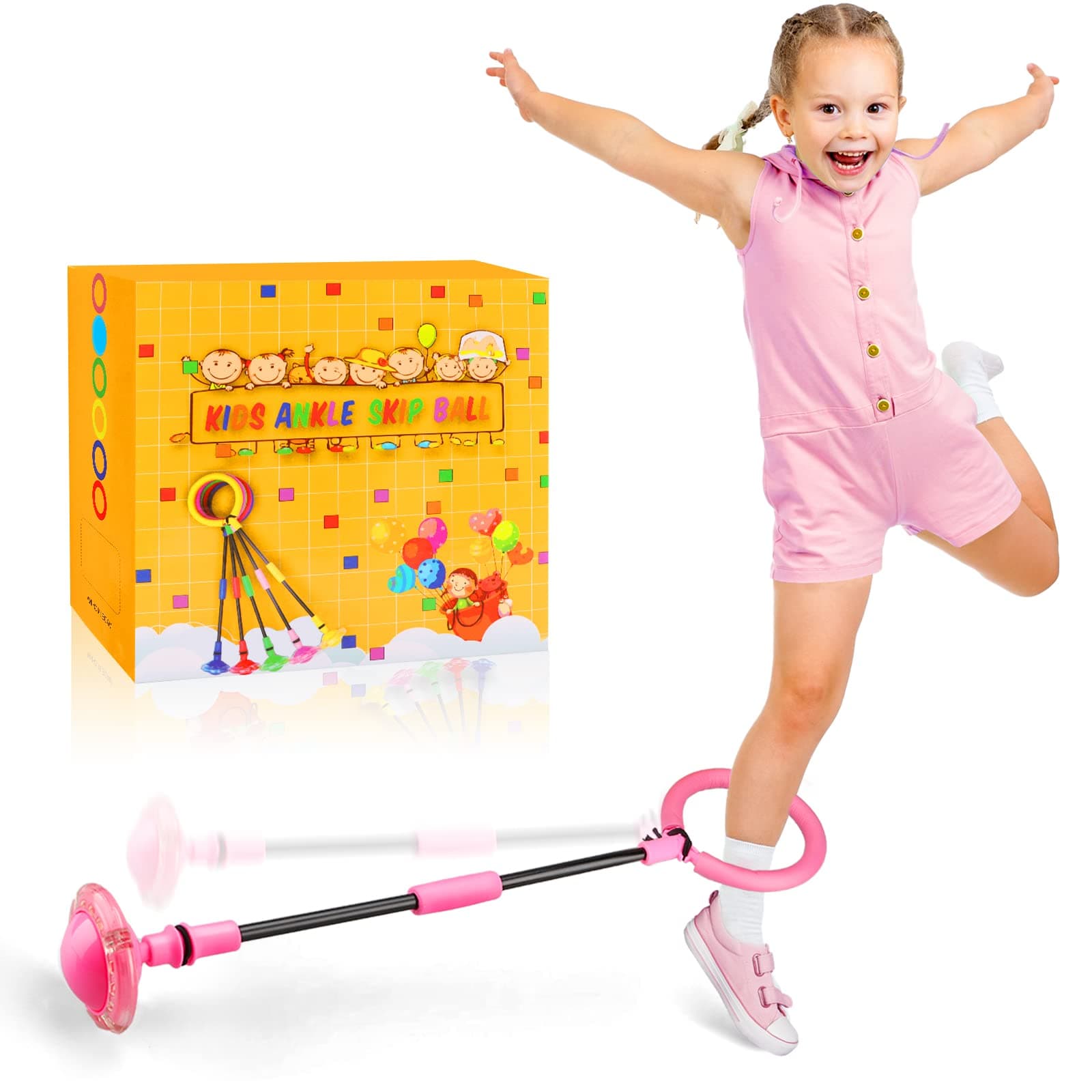 Ankle Skip Ball for Kids - Foldable Flash Wheel Skip Ball, Outside Game Toys for Kids & Adults, Gift for Boys & Girls Age 5 6 7 8 9 10 Years Old, Pink