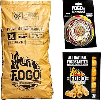 FOGO Premium Hardwood Natural Large Sized Lump Charcoal 35 Pound Bag, Fogostarters Natural Fire Starters and Blazaball Bundle