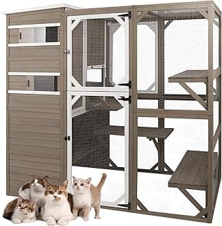 PetsCosset Catio Cat Enclosure Outdoor, Large Cat House Outdoor Weatherproof Attached to Window for Multi Cats, Asphalt and UV Protection Roofs, Multi Platforms-71 H 77" L