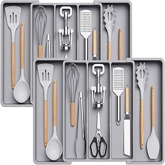 Lifewit Utensil Organizer for Kitchen Drawers, Expandable Cooking Utensil Tray, Adjustable Cutlery Silverware Flatware Holder, Plastic Kitchen Spatula Tools and Gadgets Storage Divider, 2 Pack, Gray