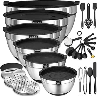 Mixing Bowls with Airtight Lids, 26Pcs Stainless Steel Bowls Set, 3 Grater Attachments & Black Non-Slip Bottoms Size 7, 4, 2.5, 2.0,1.5, 1QT, Great for Mixing & Serving