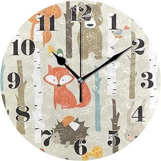senya Wall Clock Silent Non Ticking, Round Funny Fox Art Clock for Home Bedroom Office Easy to Read