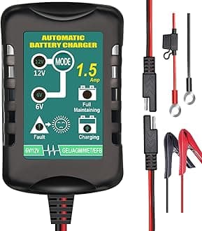 Battery Charger Automatic 6V 12V 1.5A, Trickle Charger Suitable for AGM Gel SLA VRLA Flood Lead-Acid Batteries, Starting Batteries for Auto Car Motorcycle, Dual Voltage Output Detection and Repair