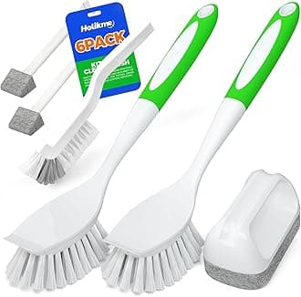 Holikme 6 Pack Dish Brush with Handle Kitchen Cleaning Brush Set for Pot, Pan, Kitchen Sink (Green)