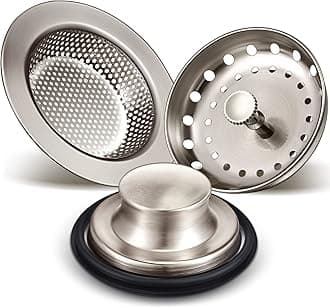 Mudder 3 Pcs Kitchen Sink Drain Strainer and Stopper Stainless Steel Garbage Disposal Plug with Handle Universal Anti-Clogging Kitchen Sink Filter Sieve Basket Strainer(Brushed Silver)
