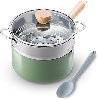 ROCKURWOK Ceramic Nonstick Sauce Pan, 2.5 Qt Pot With Steamer, Non Toxic Pfas-Free Saucepan, Small Pot Pouring Spout & Wooden Handle For Cool Touch, Universal Base(Gas, Electric & Induction), Green