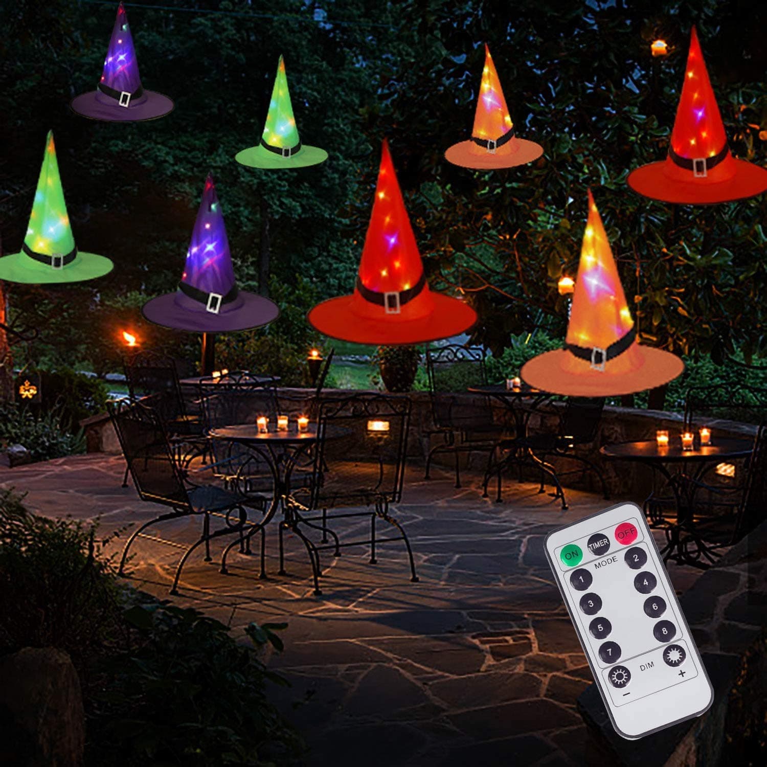 Halloween Decorations Witch Hat String Lights Battery Operated with Remote Control, Waterproof 8Pcs Hanging Lighted with 8 Lighting Modes for Indoor Outdoor, Garden, Party, Yard Decoration