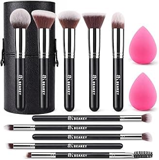 BEAKEY Makeup Brushes Sets, Brush Sets with Makeup Sponges (10+2pcs, with Black Case)