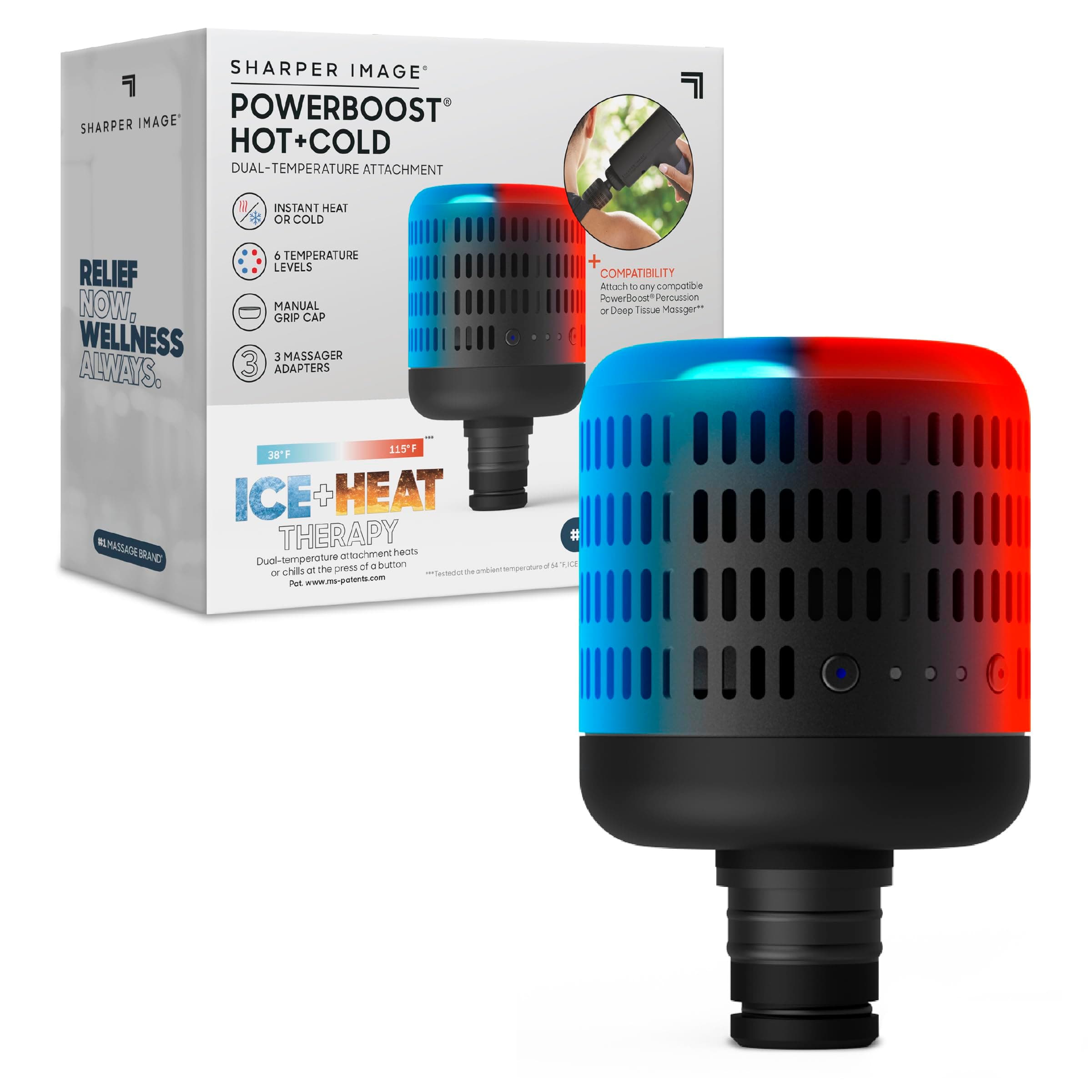 Sharper Image® Powerboost Hot + Cold Dual-Temperature Massage Gun Attachment - Instant Heat & Cold, 6 Temperature Levels, Compatible with Powerboost Massage Guns, Black