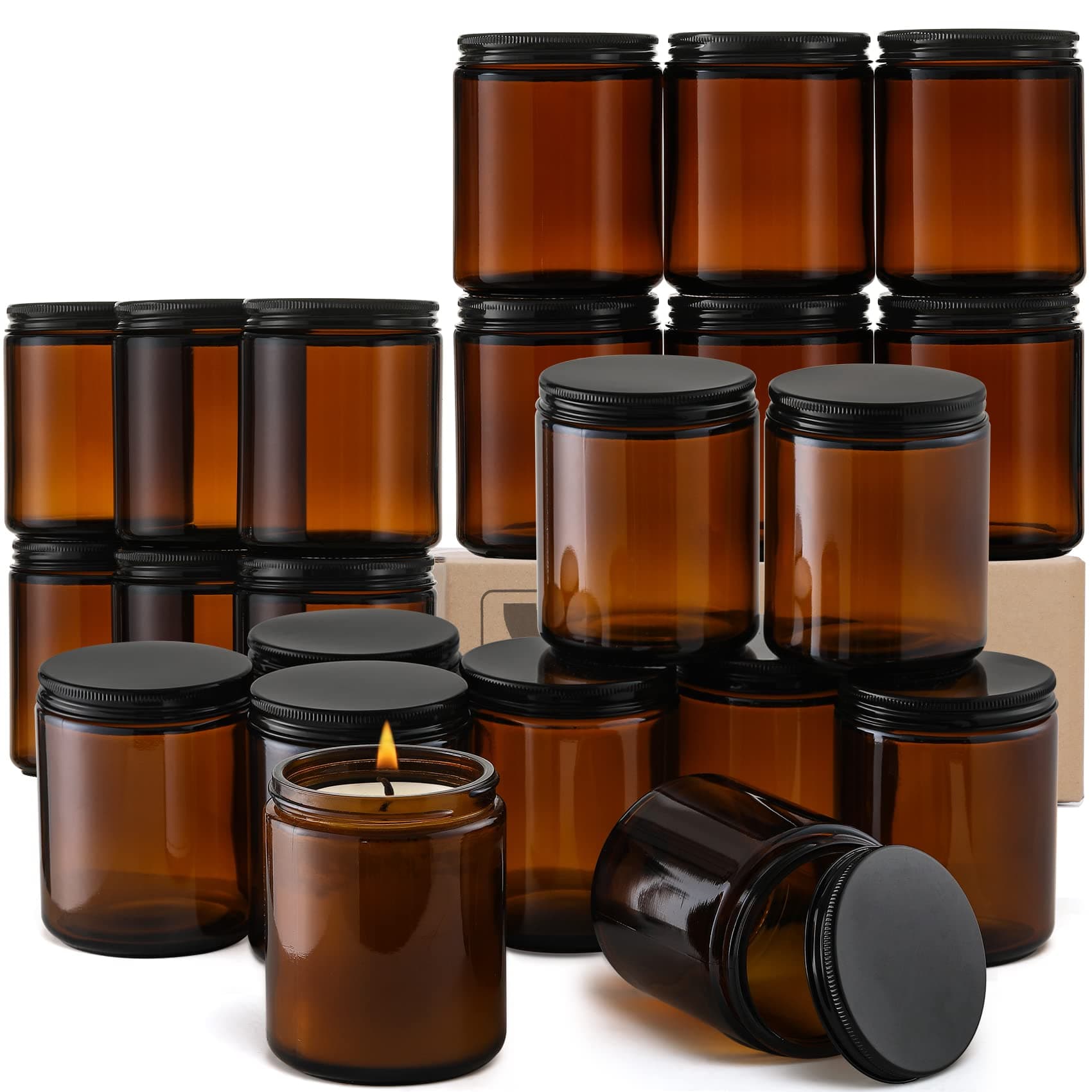 24 Pack, 8 OZ Thick Amber Round Glass Jars with Black Metal Lids - Empty Candle Making Jar, Food Storage Containers, Canning/Mason Jar For Spice, Powder, Liquid, Sample - Leakproof & Dishwasher Safe