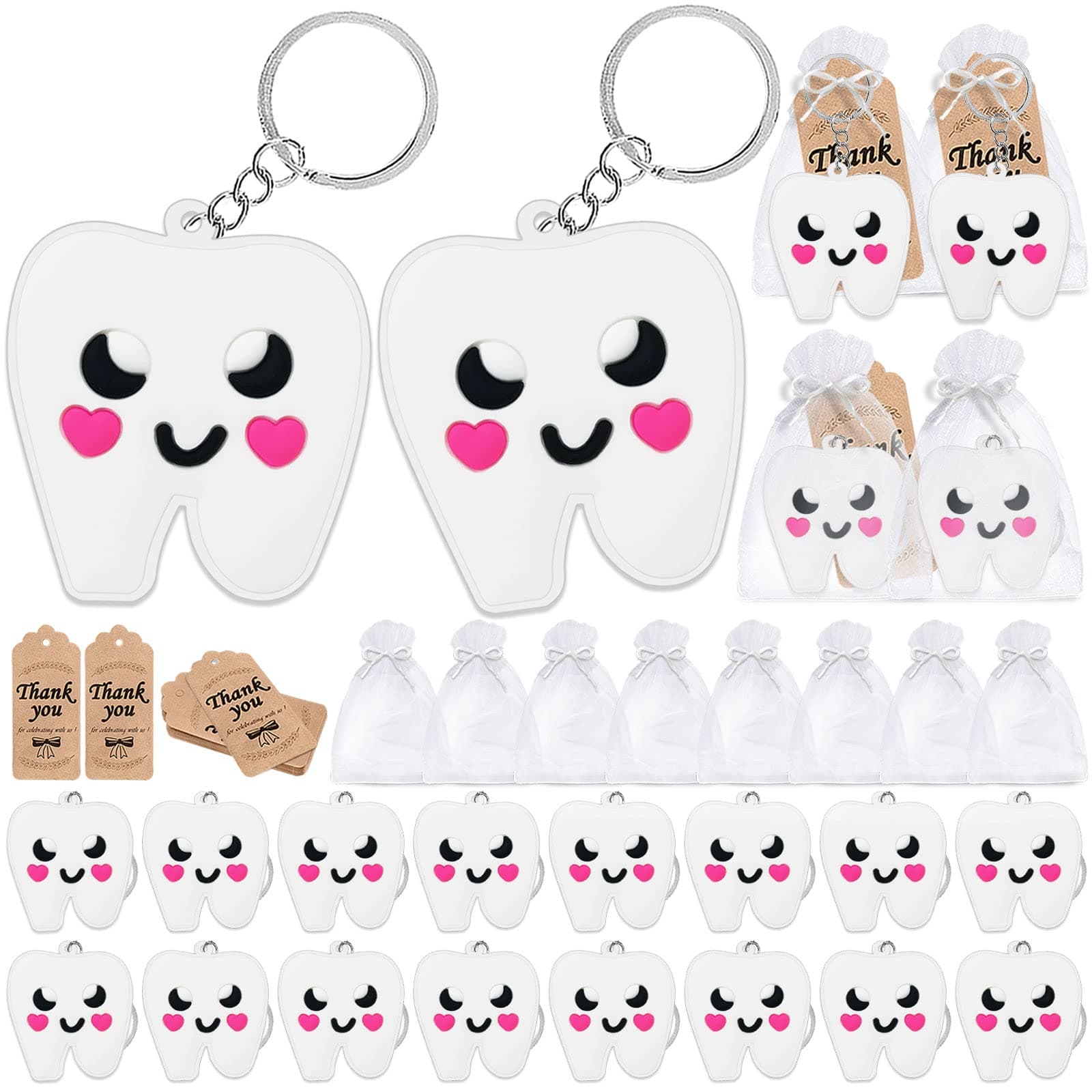 CiciBear 60 Pack Party Decorations for Guests, 20 Tooth Keychains, 20 Tags and 20 Gift Bags for First Tooth,Teeth Party,First Birthday,Clinic Graduation
