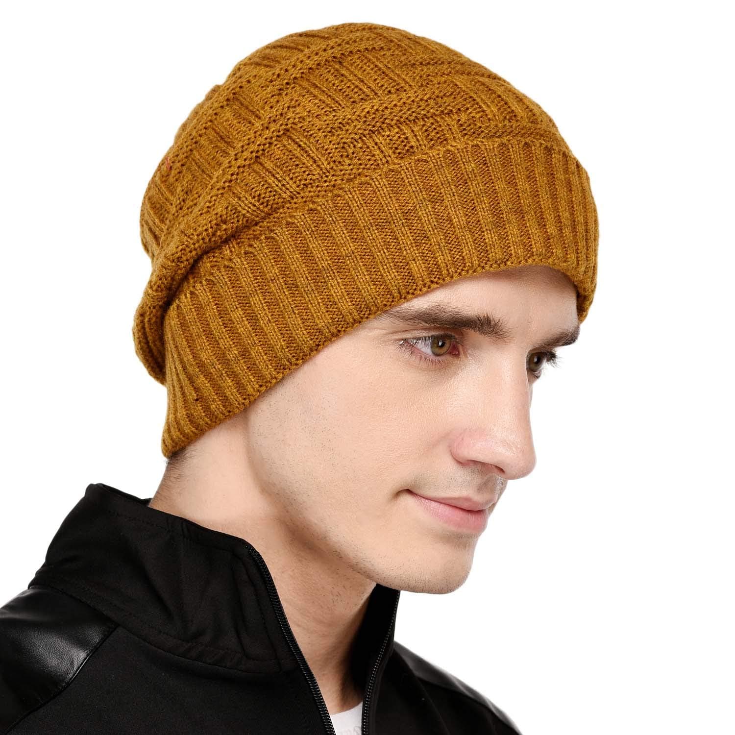 Mustard Yellow Self Design Winter Woolen Beanie Cap