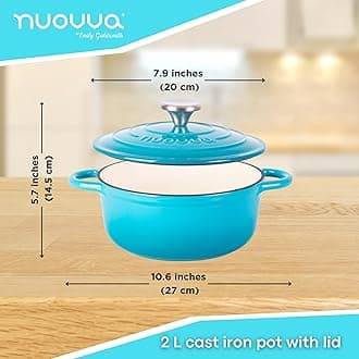 nuovva Cast Iron Dutch Oven with Lid – Non-Stick Ovenproof Enamelled Casserole Pot – Sturdy Dutch Oven Cookware – Blue, 2.1-Quart, 20cm –