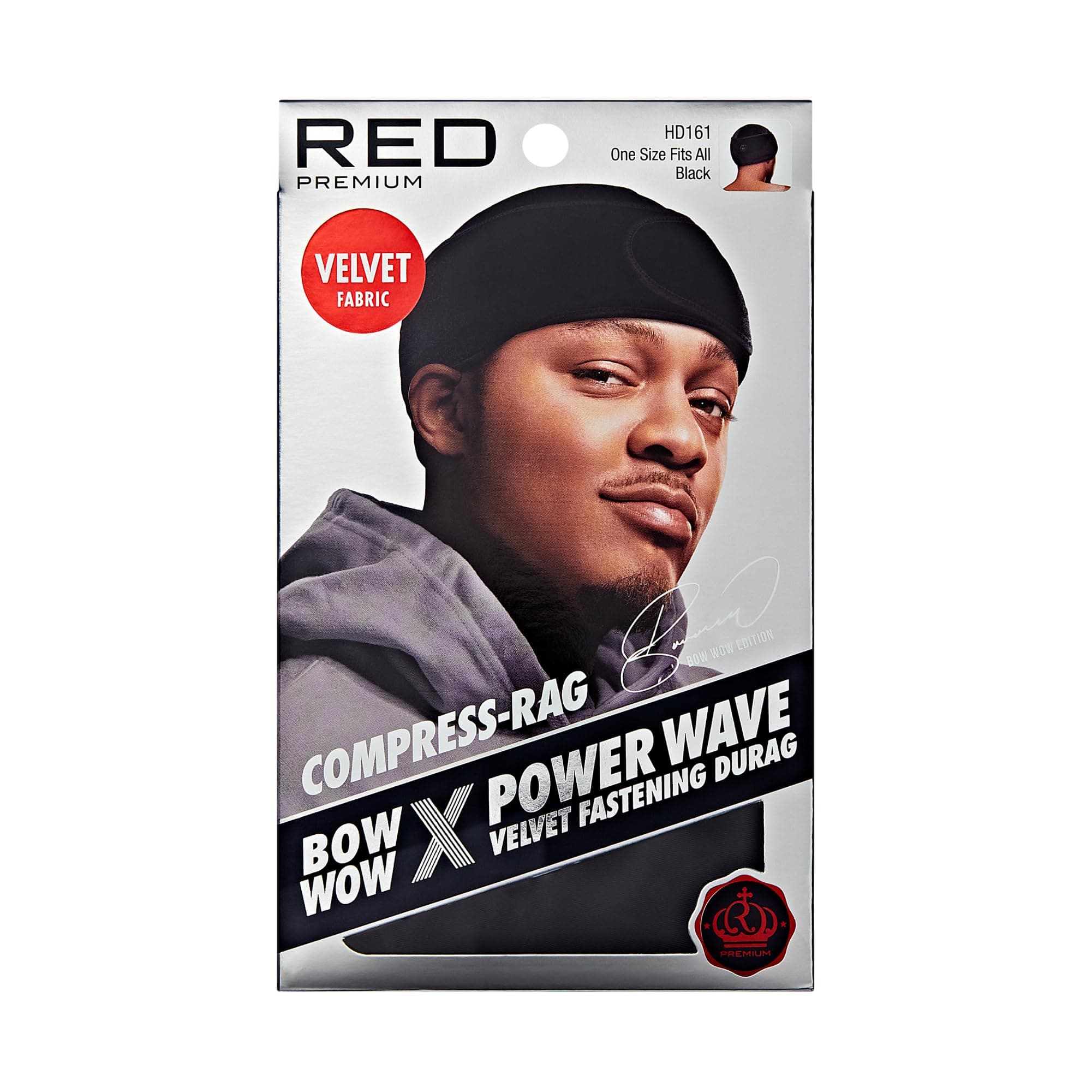 RED Premium Bow Wow X Power Wave Durag, 360 Wave Compression Cap for Men & Women, Adjustable Hook-and-Loop Strap, Stylish & Durable, Ideal for Locs, Braids, Finger Waves (Velvet - Black)