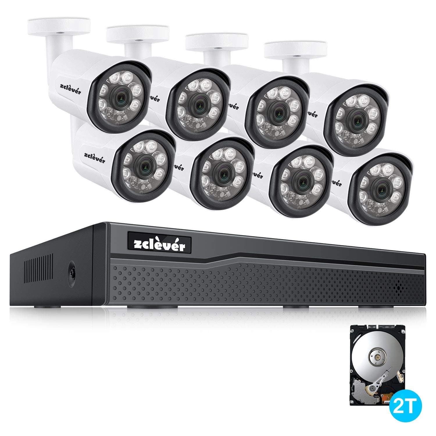1080P PoE Home Security Camera System, 8 Channel H.265+ NVR Recorder with (8) 2.0MP Outdoor/Indoor Surveillance CCTV Bullet IP Cameras, 100ft Night Vision, Built-in 2TB Hard Drive